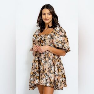 Storia Floral Babydoll Puff Sleeve Mini Dress Small Gold Shimmer Baby Doll Dress